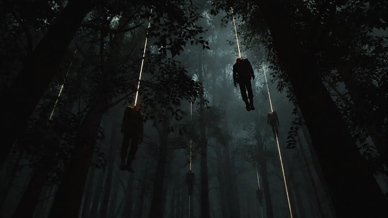 Soldiers hang from the high branches of a dark forest canopy.