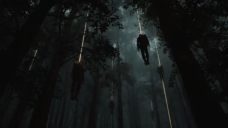 Soldiers hang from the high branches of a dark forest canopy.