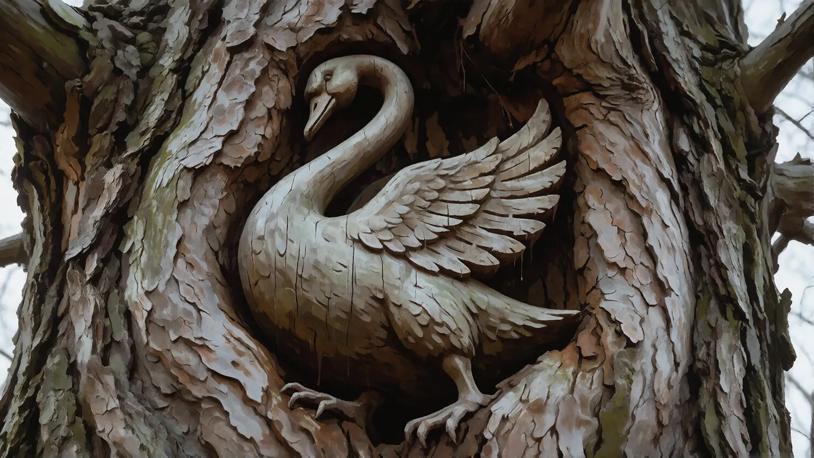 A swan carved deep into the trunk of an old tree.
