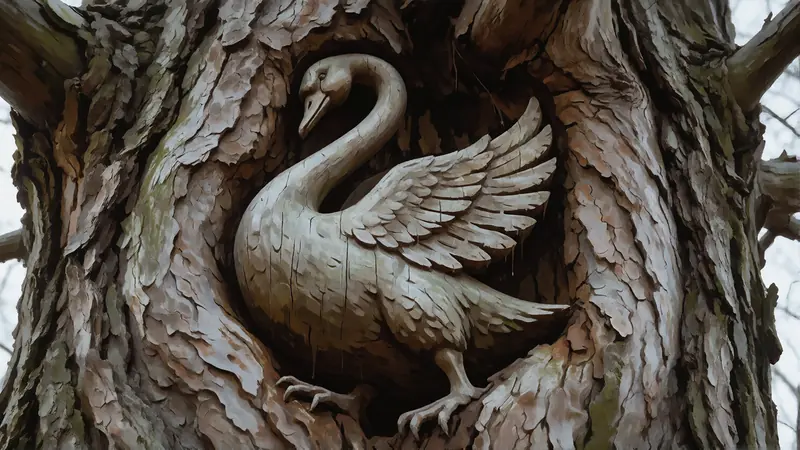 A swan carved deep into the trunk of an old tree.