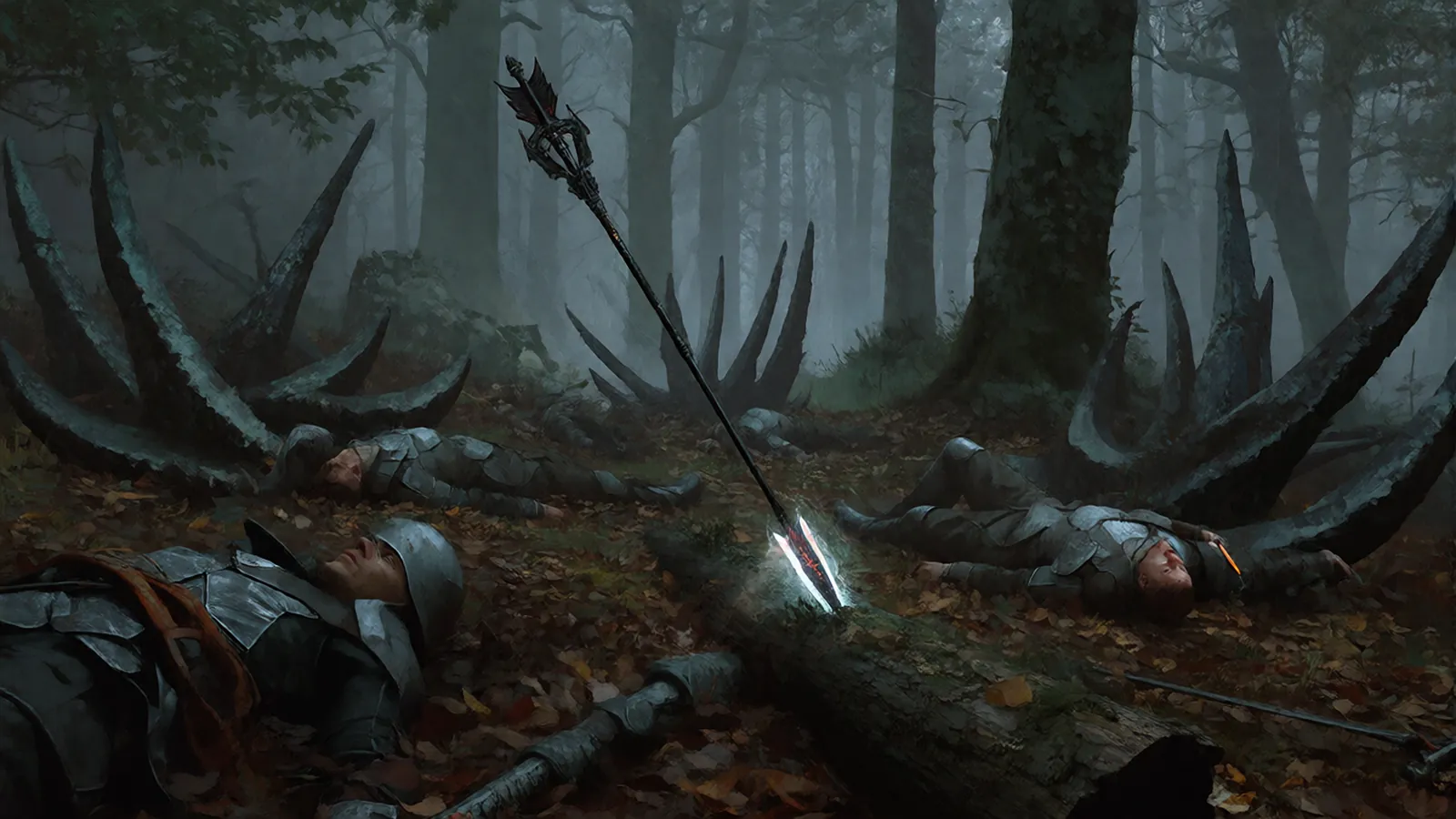 A battlefield in the grass: fallen soldiers, laser-cut arrows standing in the ground.