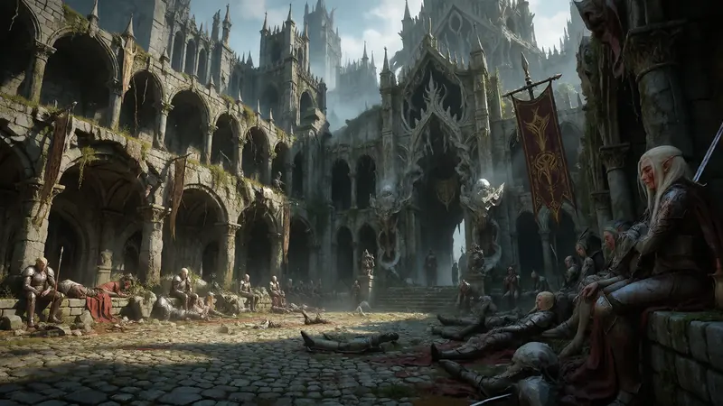 The courtyard of an ancient fortress, its arches overgrown, troopers resting on the stones.