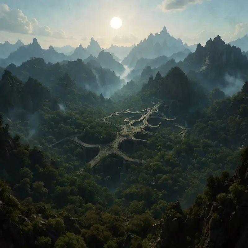 A vast pattern hidden in a forest valley, visible only from above.