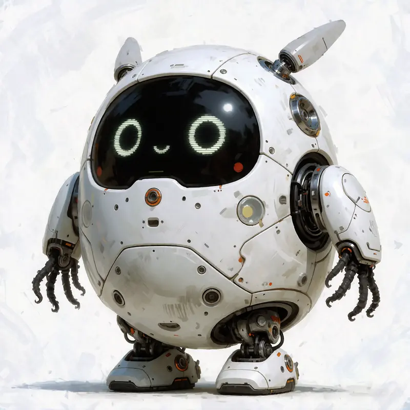 A small round white robot with large glowing eyes.